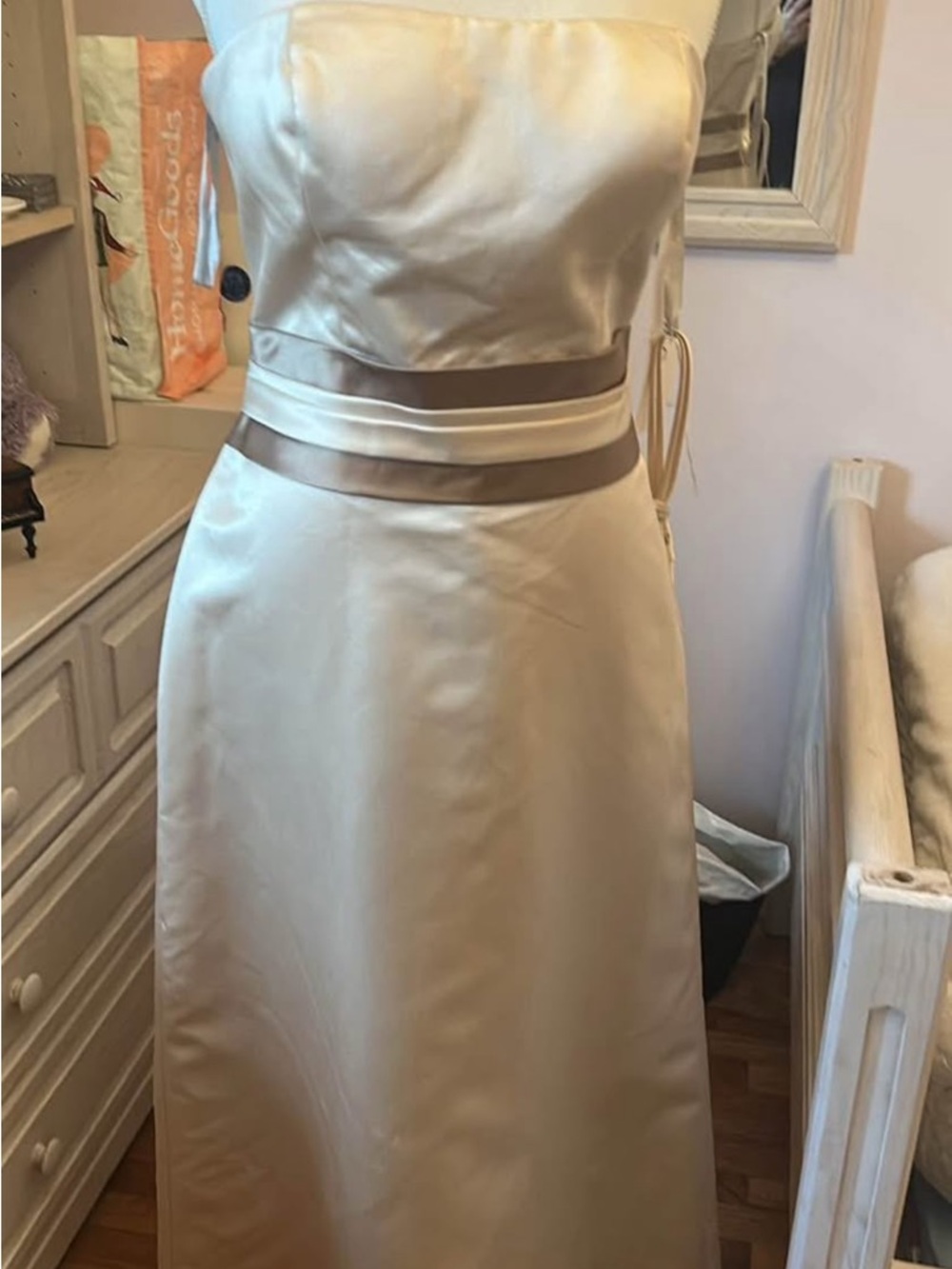 Bill Levkoff Cream Satin Strapless Gown with Waistband Cutout Size 12-NWT